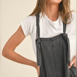 Charcoal Grey Tie-Strap Overalls - Lagenlook Cotton Wide Leg Jumpsuit Sz M